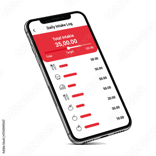 Mobile App Daily Intake Log Diet Tracking, Food Icons, Red and White Interface