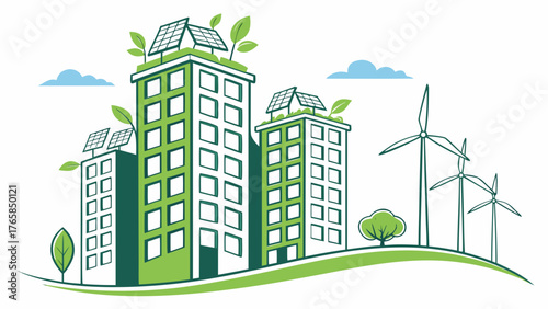 Sustainable Cityscape with Green Buildings and Wind Turbines.
