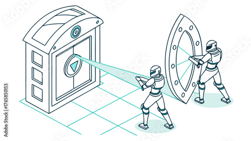 Two futuristic soldiers with shields defend against a laser beam from a portal illustrating cybersecurity and data protection.