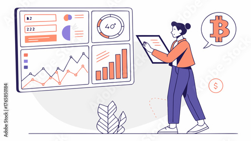 Woman Analyzing Cryptocurrency Market Trends and Financial Data.