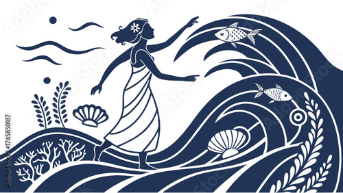 Woman in flowing dress walking on ocean waves with fish and shells.