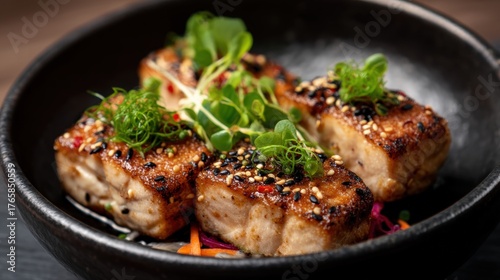 Korean street food, Delicious grilled meat served in a stylish black bowl.