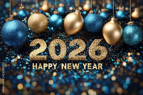 Happy New Year 2026 Celebration with Ornament and Glitter