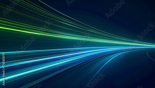 Streaks of blue and green light race along a dark, curving path