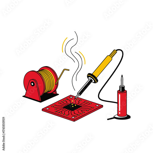 Soldering Iron, Circuit Board, and Solder Spool Illustration
