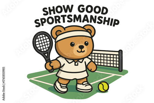 Cute bear promoting good sportsmanship while playing tennis on a court with a tennis ball and net during a sunny day
