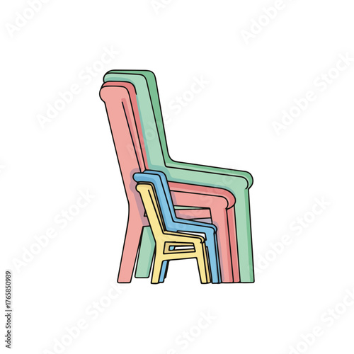 Stacked Pastel Chairs with Black Outline on White Background