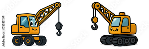 Two cheerful construction cranes working together on a building site during the day