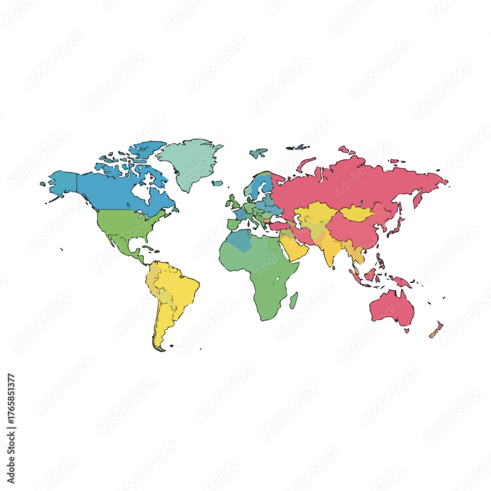 Obraz premium World Map with Color-Coded Continents, Educational Design