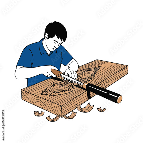 Wood Carving Illustration Artisan with Chisel, Wood Grain, and Shavings