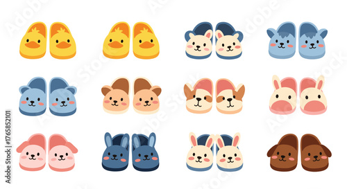 Collection of cute animal slippers in various colors and designs.