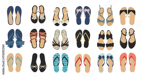 Collection of various colorful summer flip-flops and sandals.
