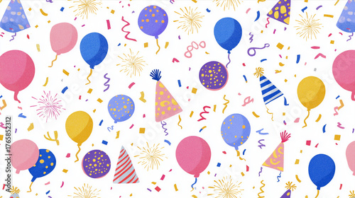 Seamless Party Background with Balloons, Confetti, and Party Hats in Pastel Colors