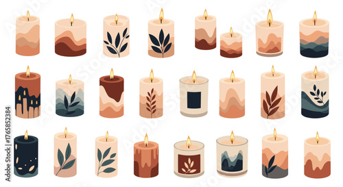Collection of various decorative candles with different designs.