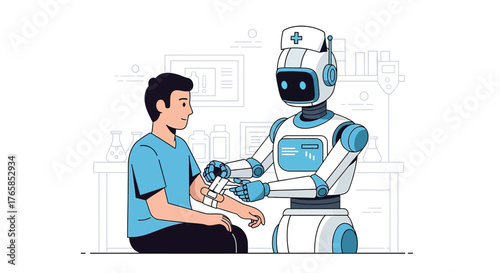 Futuristic healthcare concept, robot nurse providing medical assistance to patient in clinical