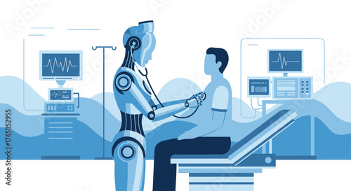 Futuristic healthcare vision: Robot doctor examines patient using digital monitoring tech