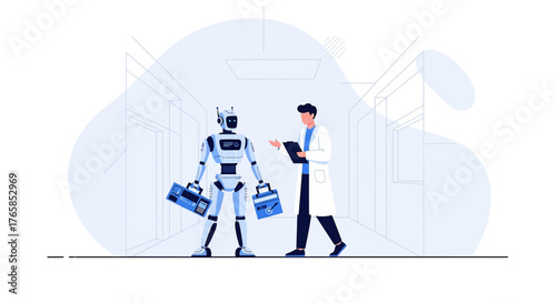 Futuristic healthcare scene featuring a robot assistant and a medical professional in a modern