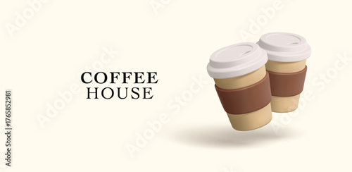3D paper cups of delicious coffee. Modern banner for coffee house, cafe, shop concepts. Promotions, discounts, special offers. Vector illustration.