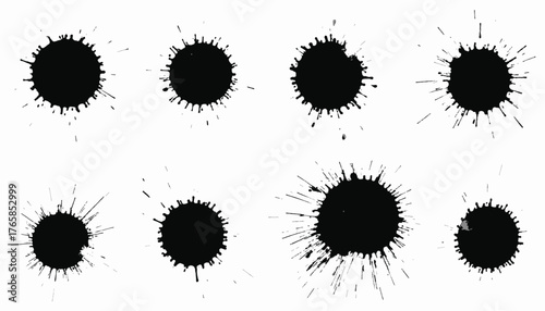 Eight unique ink blots in black with spattered edges and radial patterns on a clean, white background