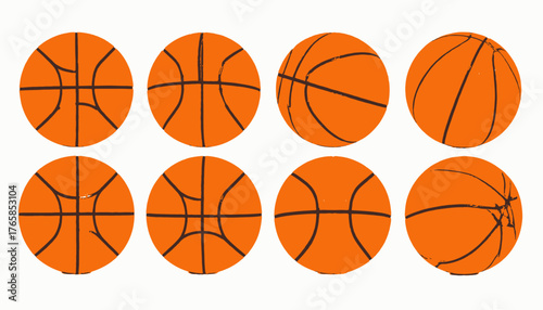 Eight stylized basketball illustrations in different perspectives, orange with black lines on white background