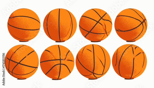 Digitally rendered illustration featuring eight orange basketballs with varied black line designs