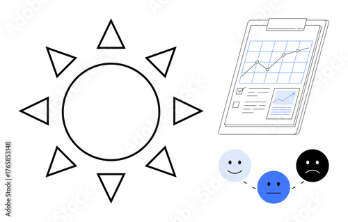 Circular sun with triangles, analytical clipboard chart, and smiling, indifferent, and frowning faces. Ideal for energy, emotions, productivity feedback climate mood tracking and analysis. Simple