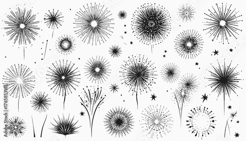 Black and white illustration featuring stylized dandelion seed heads with star elements on a white backdrop