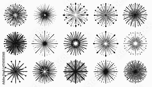 Collection of stylized black and white radial starburst designs with different variations