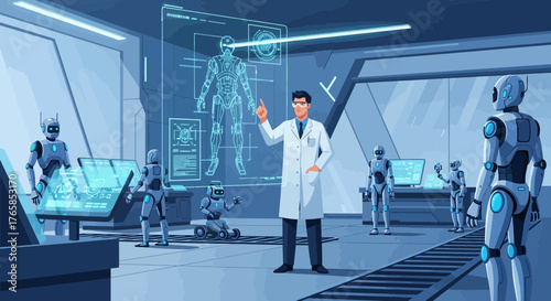 Futuristic laboratory for robotics research with scientist and robots designing and testing with