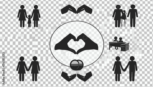 Symbolic black shapes represent love, hands, families, and couples, set against a checkered backdrop