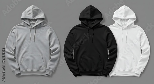 Three hoodies in grey black and white isolated on grey background