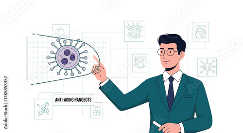 Futuristic presentation of anti-aging nanobots by a scientist highlighting medical innovation and