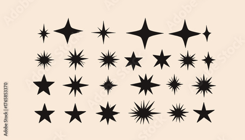 A collection of various stylized stars in black against a cream background