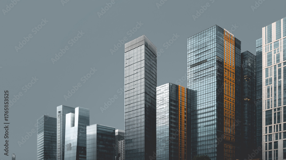 Fototapeta premium Modern Urban Skyscrapers with Glass Facades and Orange Accents – Contemporary City Architecture
