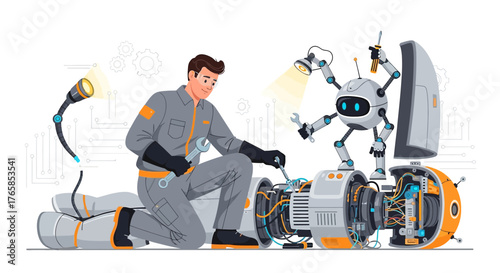 Futuristic robot repair scene featuring a technician and robotic assistant working together