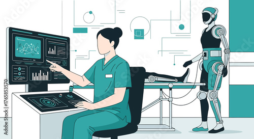 Futuristic robotic rehabilitation: Doctor overseeing patient care with automated assistance system