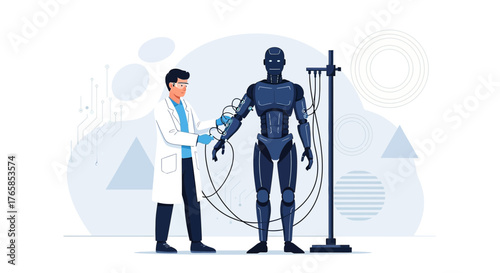 Futuristic robotic engineering innovation concept human scientist connecting the robot's arm and
