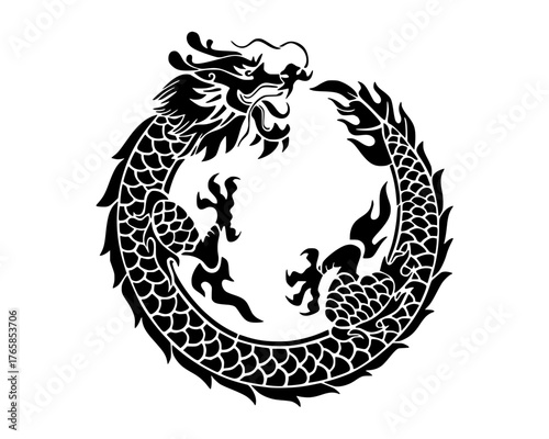 Vector isolated black and white circular dragon biting its tail cutout in an Ouroboros style ring, featuring detailed scales, flowing mane, and ornamental Asian-inspired design oriental decor