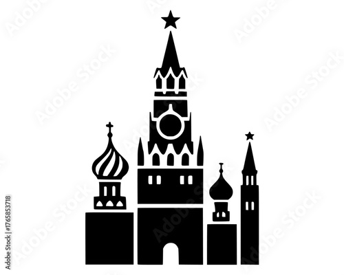 Vector isolated colorless black and white silhouette of Moscow's Kremlin towers and onion domes, highlighting the Spasskaya Tower with its star and St. Basil-style domes against a white background.