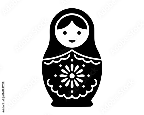 Vector isolated colorless black and white silhouette of a smiling matryoshka Russian nesting doll featuring a central floral decorative pattern.