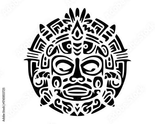Vector isolated Circular black and white tribal mask symmetrical Polynesian and Mesoamerican motifs forming a stylized tattoo style face emblem.