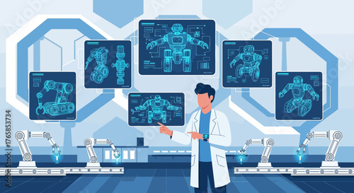 Futuristic robotics engineering factory with digital robot schematics and innovative production
