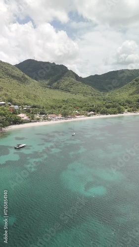 Vues drone D-Log M de la plage de Grande Anse en Martinique : sable blond, palmiers, mer turquoise, nature tropicale. Idéal pour projets voyage, nature, tourisme et îles paradisiaques.