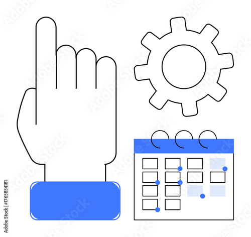 Hand pointing upward, calendar with marked dates, and gear wheel symbolizing planning, scheduling, productivity, time management, workflow, collaboration and organization. Simple flat metaphor