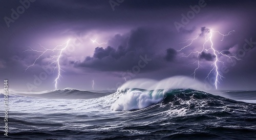 Fototapeta Naklejka Na Ścianę i Meble -  Ocean storm with lightning, and waves.
