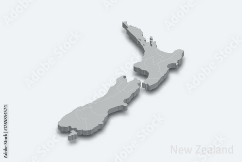 New Zealand 3d map with borders regions