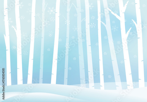 Winter outdoor birch snow scene vector illustration.
Christmas background.
