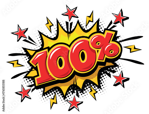 Inscription 100% on comic-style explosion. Vector lettering template for social media reactions, advertising, guarantees.