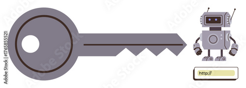 Large gray key, robotic figure, and browser address bar highlight themes of cybersecurity, encryption, access, password management, data protection, technology, and web security simple flat metaphor