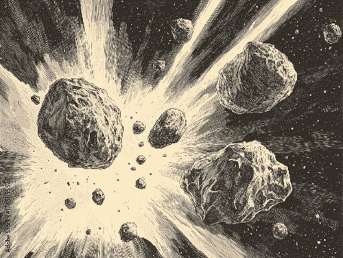 Dramatic illustration of asteroids in cosmic explosion